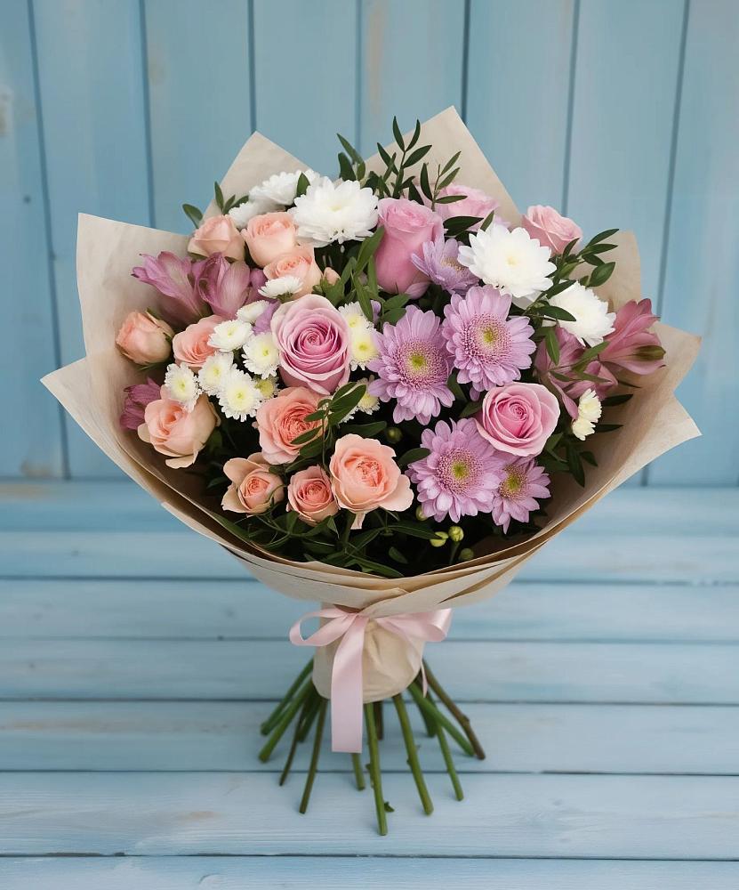Букет цветов из: Хризантемы, Розы и Альстромерии в Митякинской
