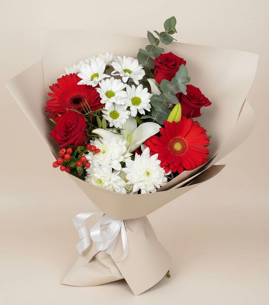 Букет цветов из: Розы, Хризантемы, Герберы и Лилии в Митякинской