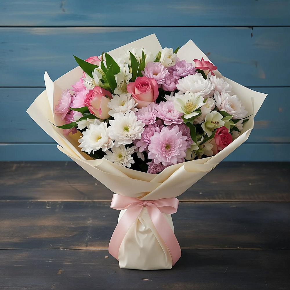 Букет цветов из: Хризантемы, Альстромерии и Розы в Митякинской